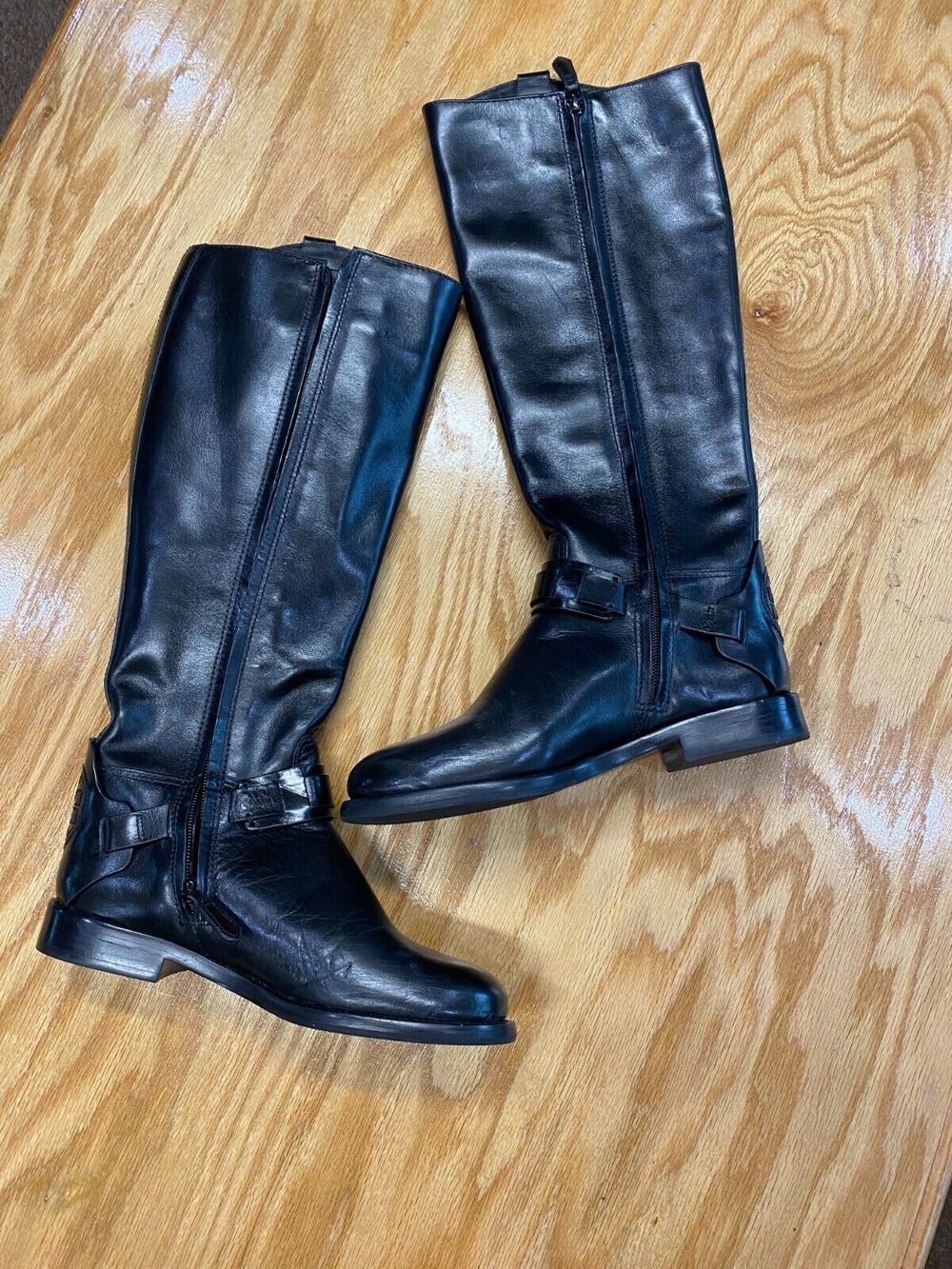 Tory Burch Riding Boots Women's 6M Black Leather Zipper Knee High Outdoor S27